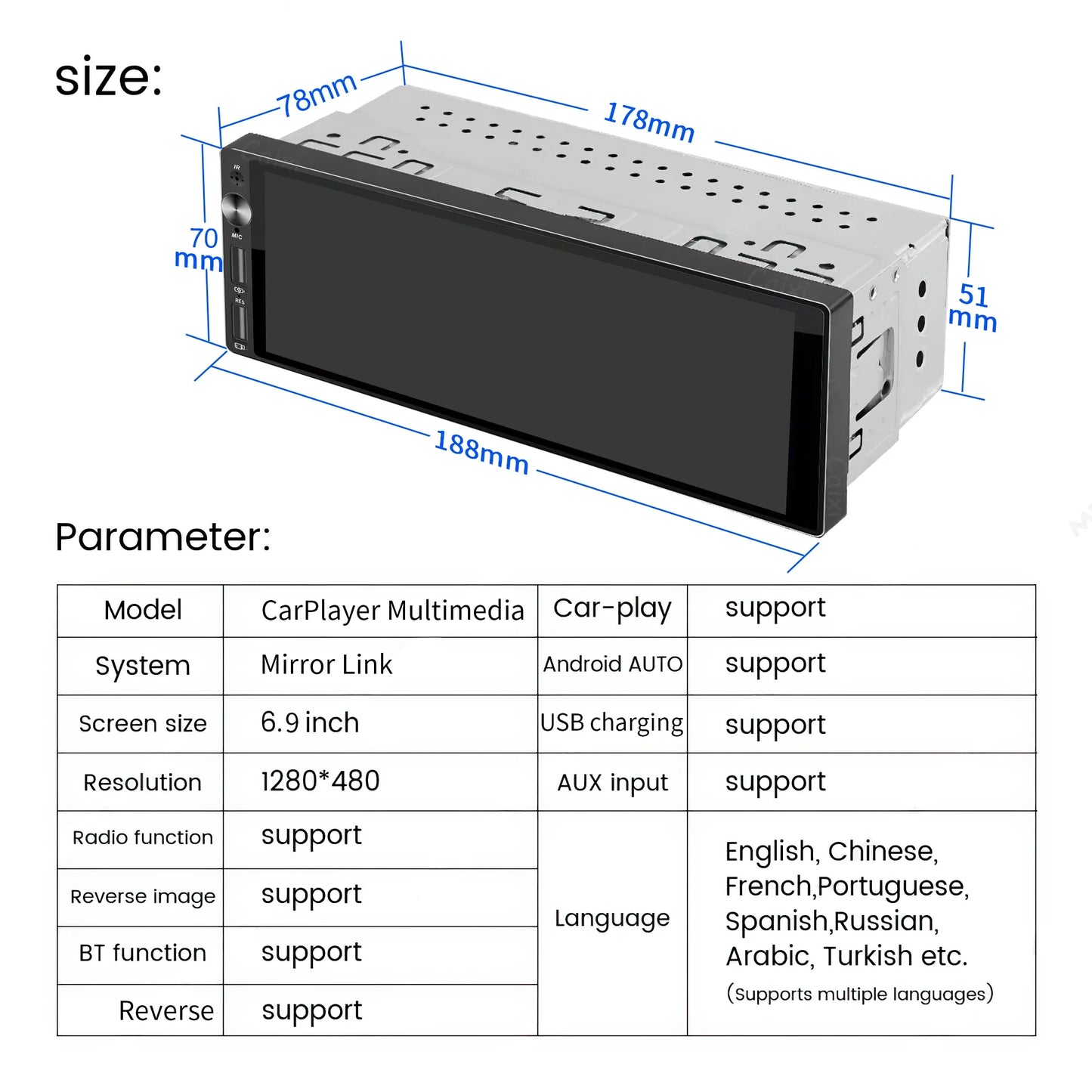 Pantalla Multimedia 1 DIN IPS 6.9” con CarPlay y Android Auto