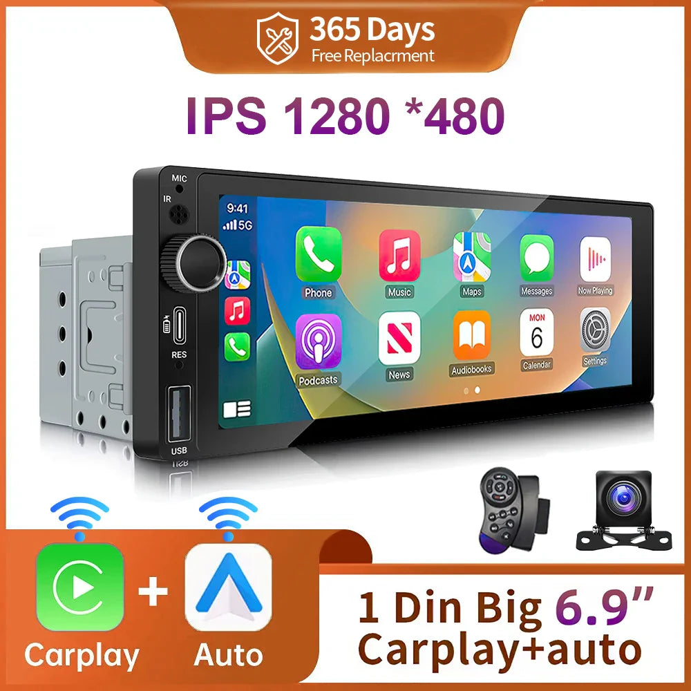 Pantalla Multimedia 1 DIN IPS 6.9” con CarPlay y Android Auto