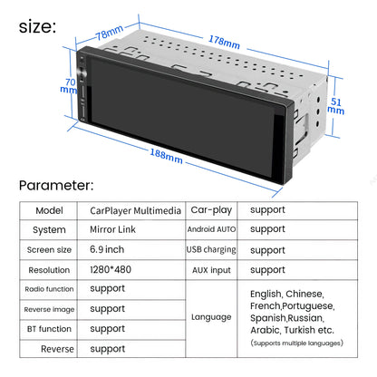 Pantalla Multimedia 1 DIN IPS 6.9” con CarPlay y Android Auto