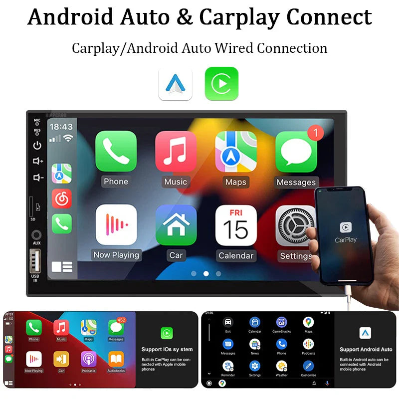 Pantalla Multimedia 7” 1 DIN con CarPlay y Android Auto para Auto